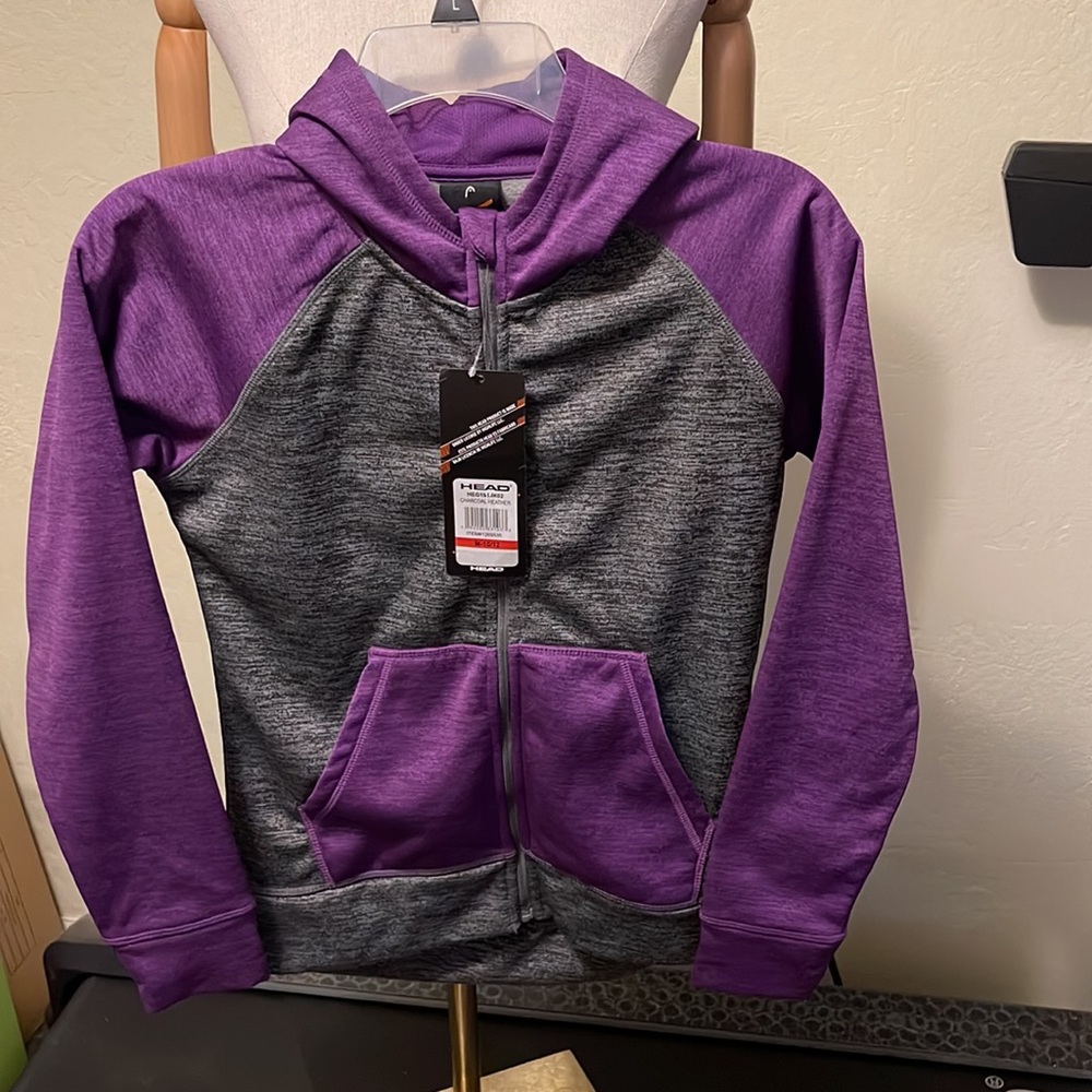 HEAD Youth Girls Full Zip Hoodie Jacket - Size Medium Charcoal Heather/Purple